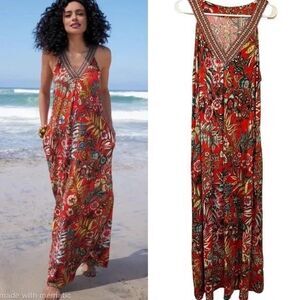 Soft Surroundings Womens Onani Red Tropical Floral Sleeveless Maxi Dress Size 2X
